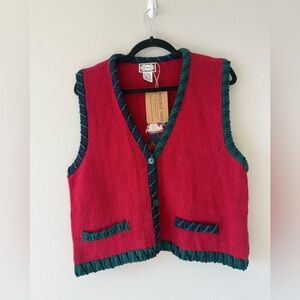 Vintage Southwestern Pattern Red Knit Vest with Green Trim
